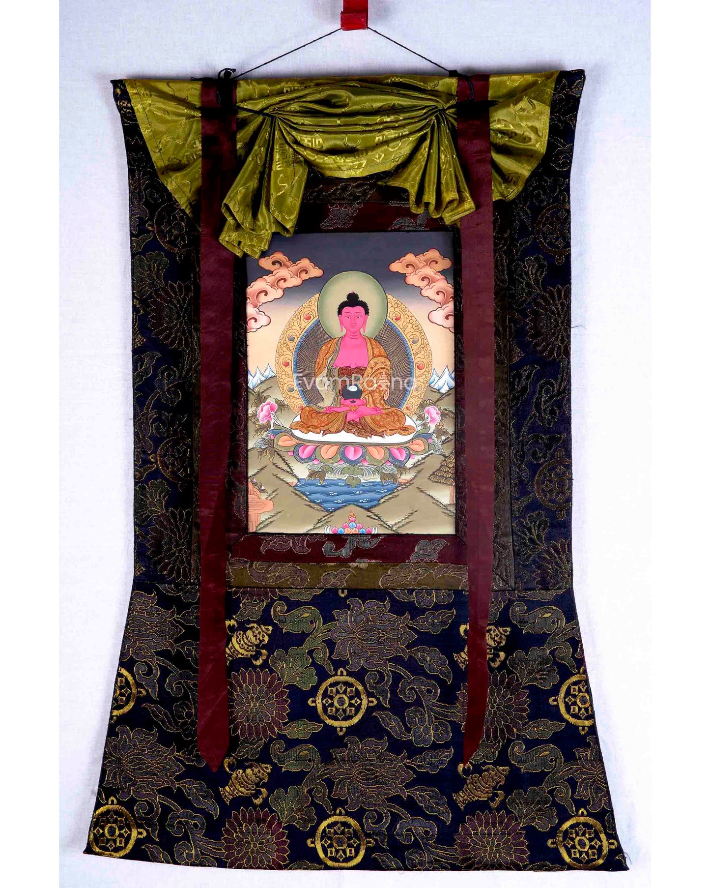 Amitabha Buddha Thangka Painting With Brocade