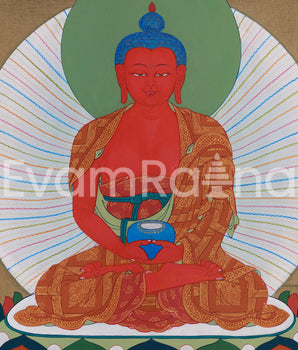 Authentic Karma Gadri Thangka: Amitabha Buddha with Chenrezig and Vajrapani