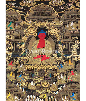Black and Gold Amitabha Buddha Thangka | Sukhavati Thangka | Meditation Buddha
