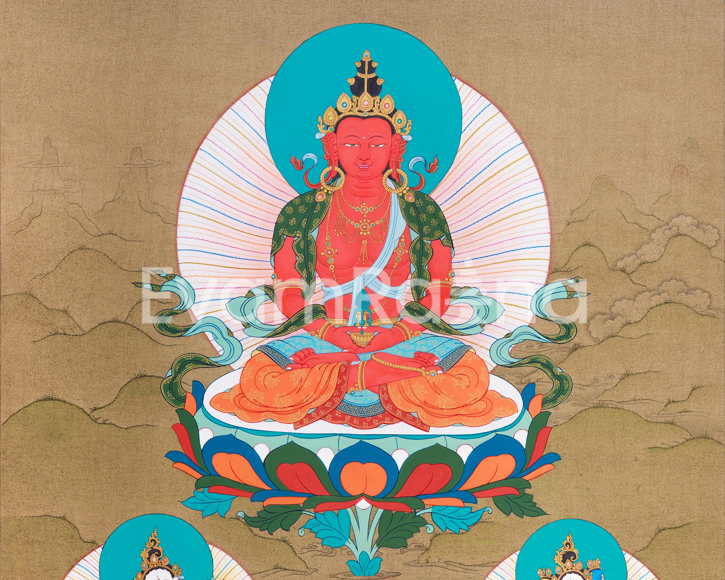 Long Life Buddha Amitayus, White Tara & Namgyalma Thangka | Healing & Protection Buddhist Art