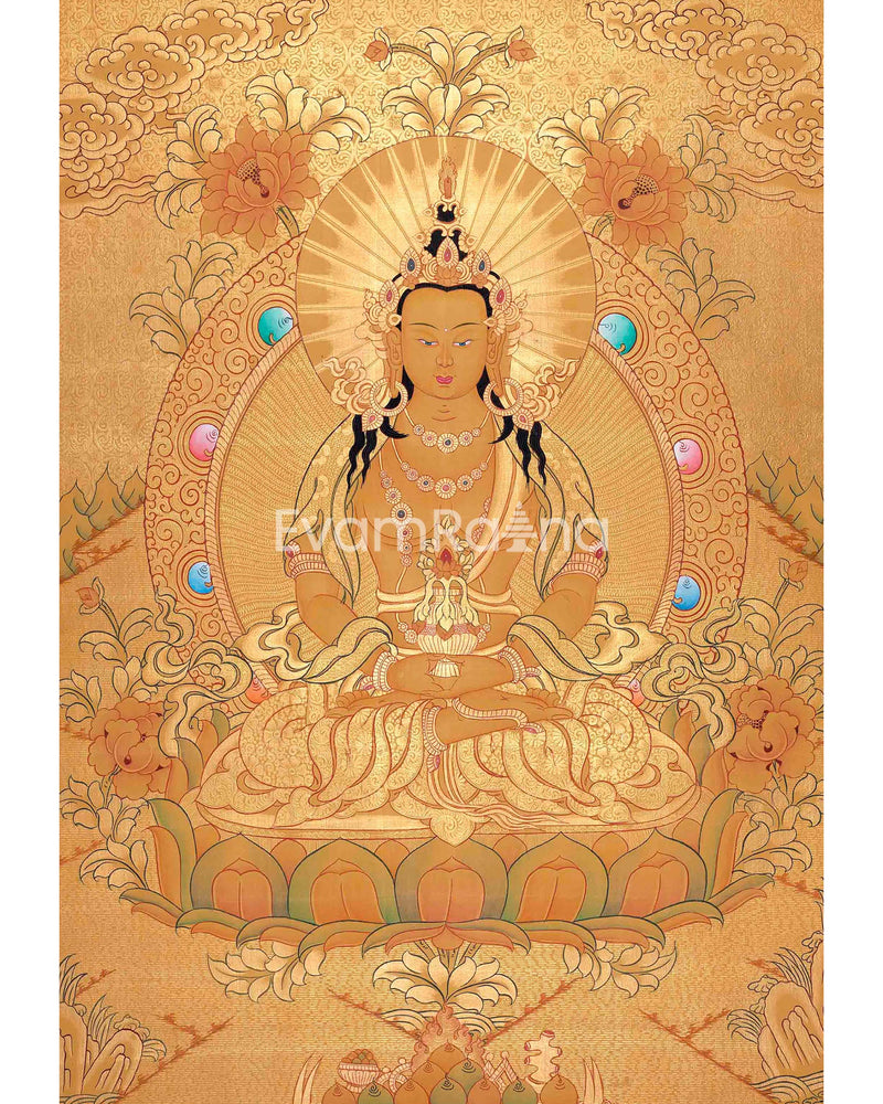 Amitayus Buddha Thangka Painting In Full Gold Style | Tibetan Thangka Painting | Religious Wall Decoration |