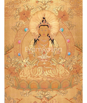 Amitayus Buddha Thangka Painting In Full Gold Style | Tibetan Thangka Painting | Religious Wall Decoration |