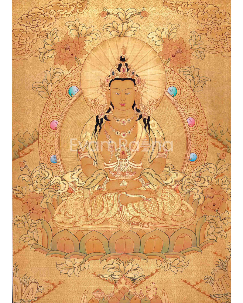 Amitayus Buddha Thangka Painting In Full Gold Style | Tibetan Thangka Painting | Religious Wall Decoration |