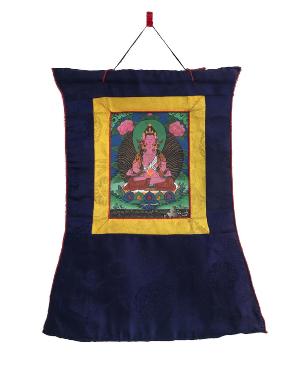 Vintage Small Amitayus Buddha Thangka with Silk Brocade