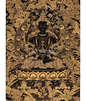 Hand-Painted Black and Gold Amitayus Buddha Thanka