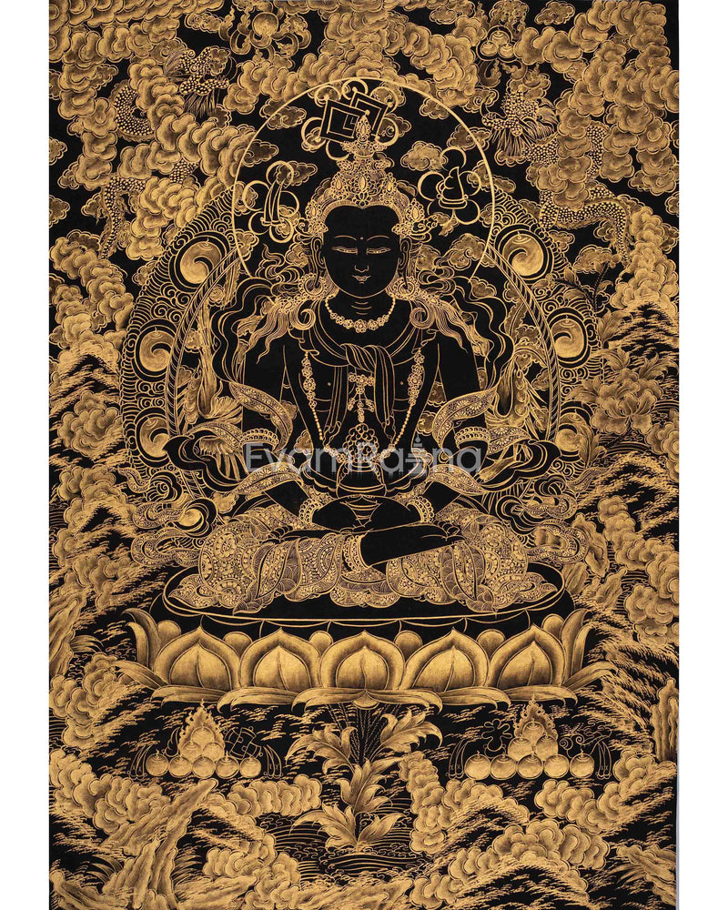 Hand-Painted Black and Gold Amitayus Buddha Thanka 