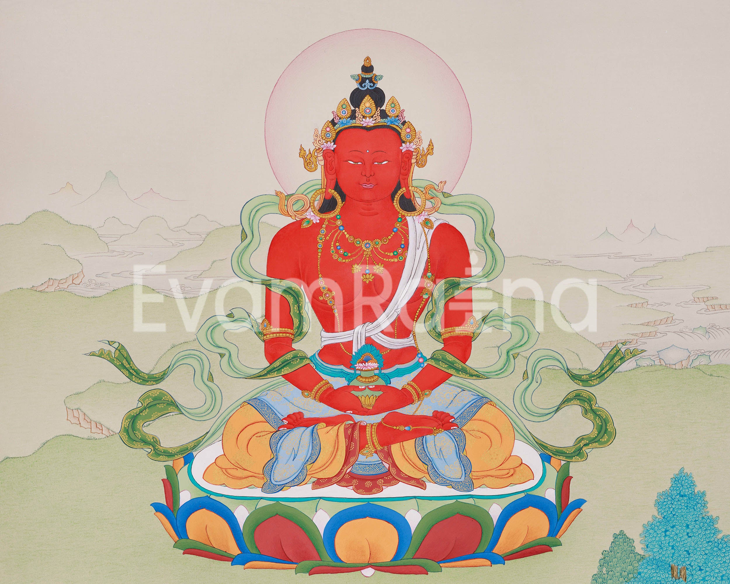 Amitayus Buddha in Natural Stone Colors Thangka