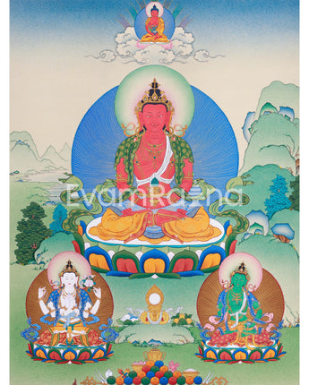 Traditional Amitayus Thangka Print | The Buddha of Boundless Life | Sacred Longevity Artwork