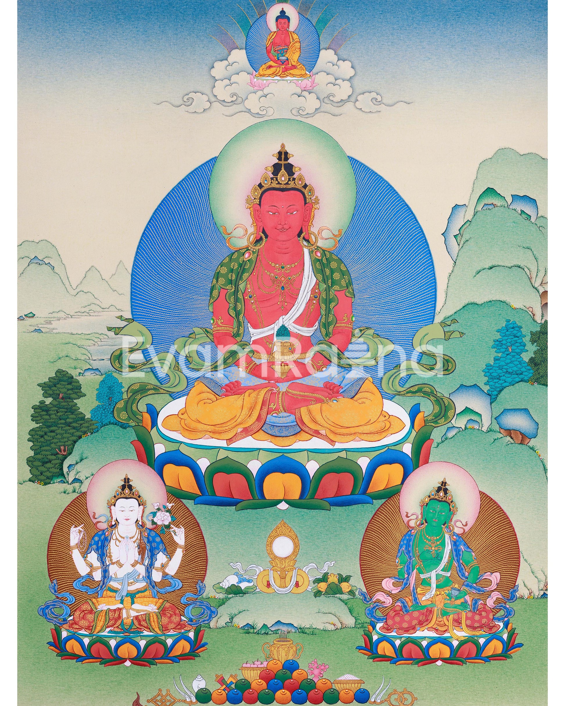 Traditional Amitayus Thangka Print | The Buddha of Boundless Life | Sacred Longevity Artwork