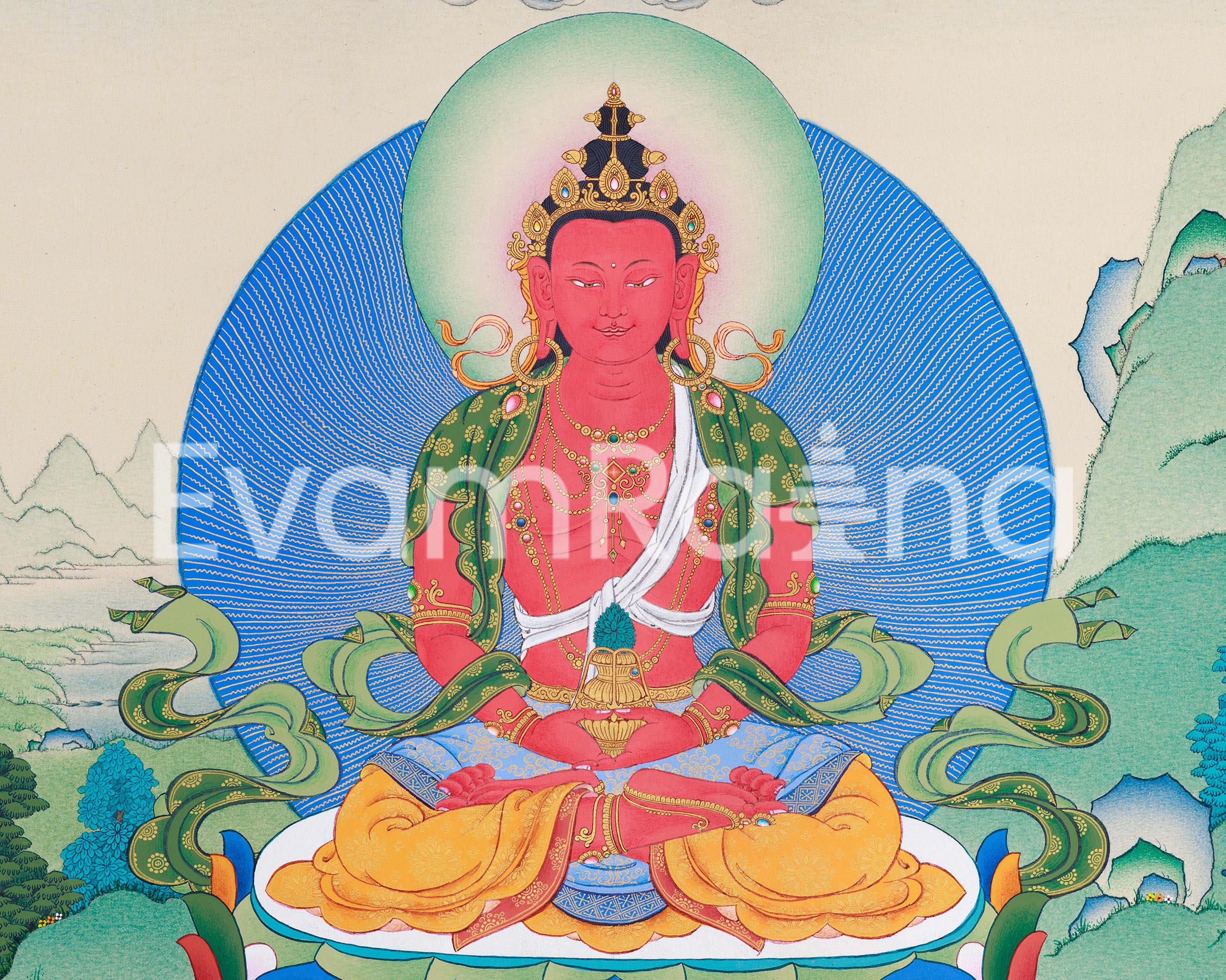 Traditional Amitayus Thangka Print | The Buddha of Boundless Life | Sacred Longevity Artwork