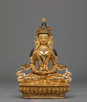 Sacred Amitayus Buddha Statue | Gold Plated Sculpture with Coral & Turquoise