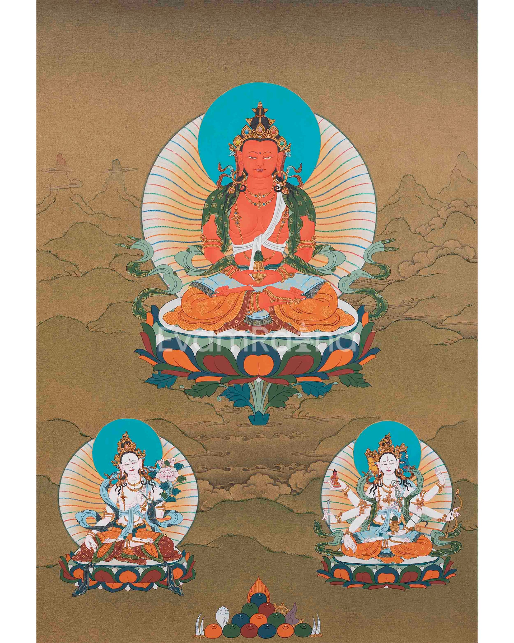 Amitayush with White Tara and Namgyalma Thangka Print,