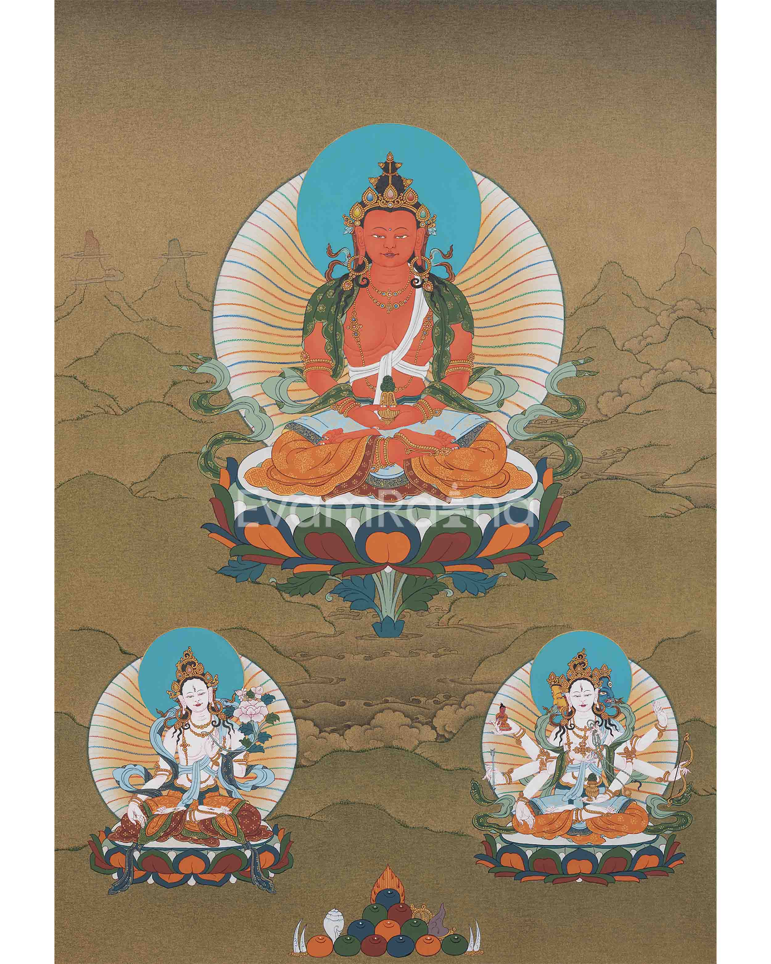 Amitayush with White Tara and Namgyalma Thangka Print,