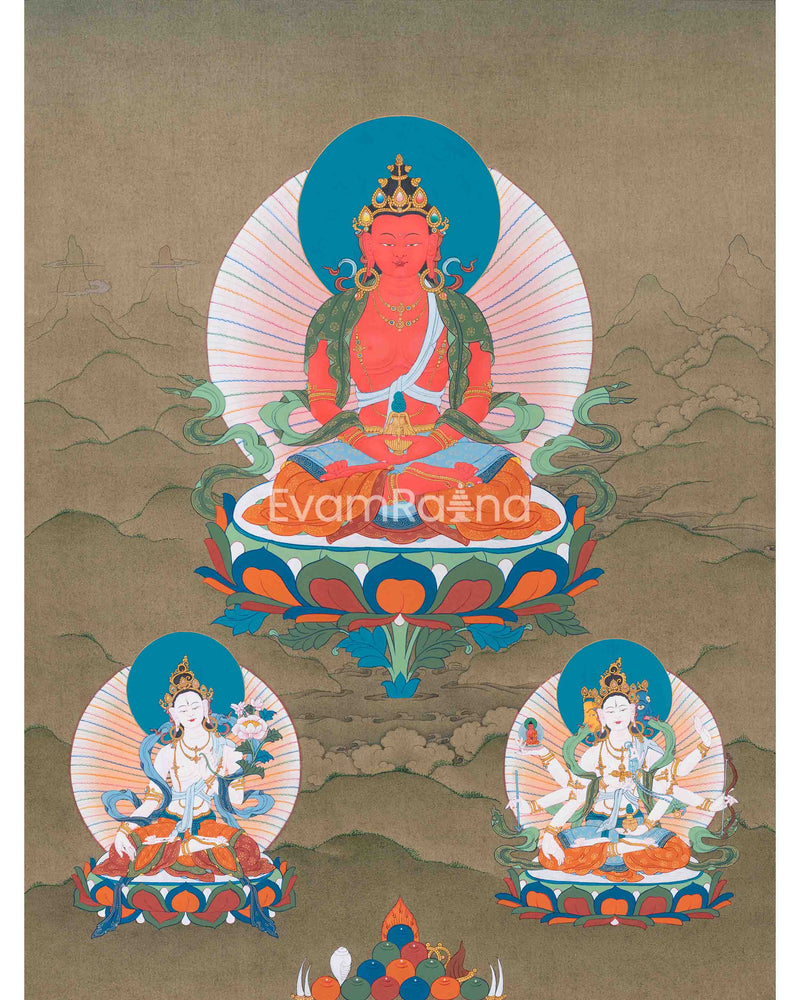 Amitayus Thangka with White Tara And Namgyalma | Buddha of Infinite Life