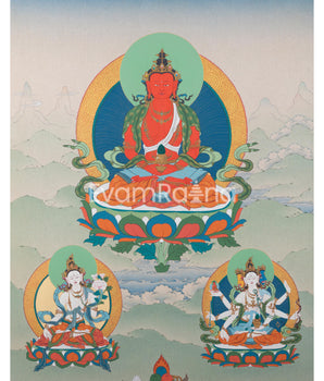 Amitayus With White Tara and Namgyalma Thanka Print | Bodhisattva Canvas Print | Tibetan Buddhism Art