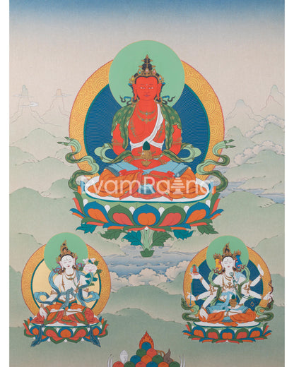 Amitayus With White Tara and Namgyalma Thanka Print | Bodhisattva Canvas Print | Tibetan Buddhism Art