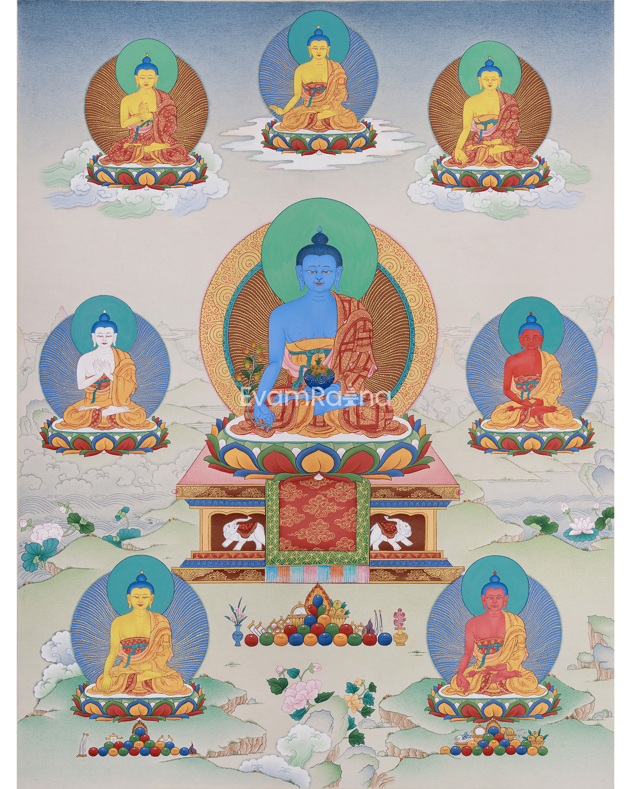 Tibetan Eight Medicine Buddha | A Sacred Thangka of Healing and Protection