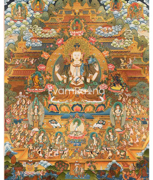 Avalokiteshvara Chengrezig Thangka With Amitabha Buddha On Top