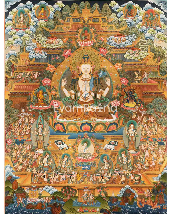 Avalokiteshvara Chengrezig Thangka With Amitabha Buddha On Top
