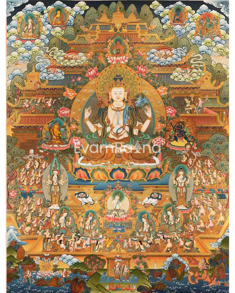 Avalokiteshvara Chengrezig Thangka With Amitabha Buddha On Top