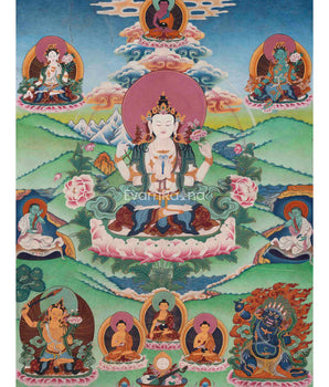 Avalokiteshvara Mantra Practice Thangka Print
