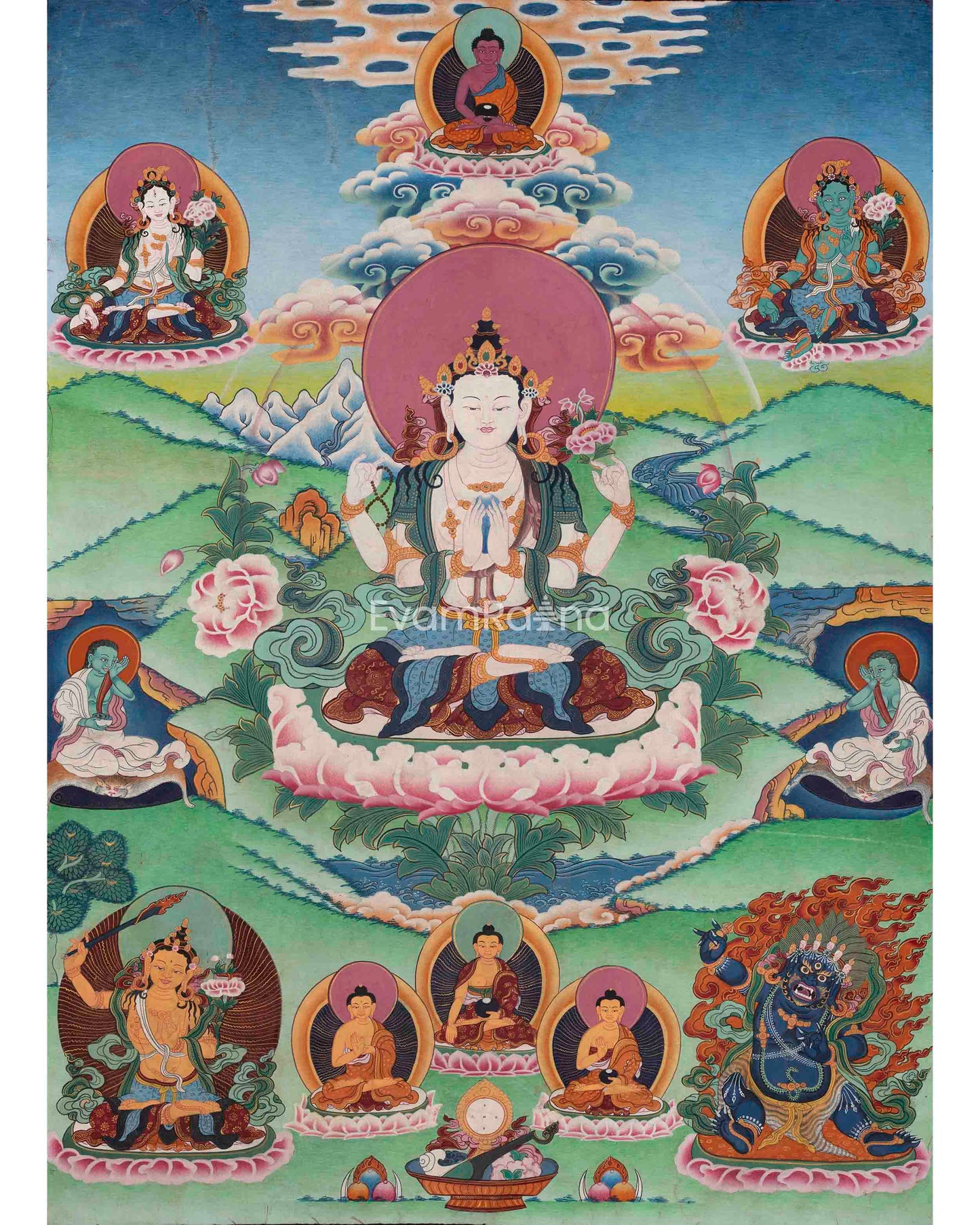 Avalokiteshvara Mantra Practice Thangka Print