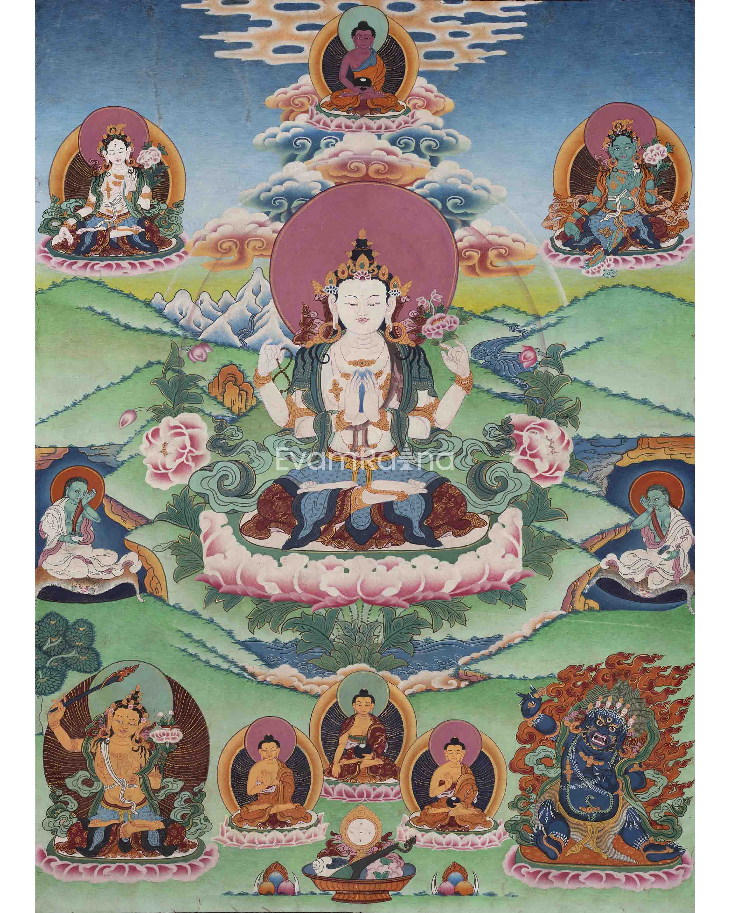 Avalokiteshvara Mantra Practice Thangka Print