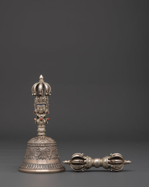 Bronze Bell And Vajra With Silver Handle | Tibetan Ritual Instruments for Spiritual Practice