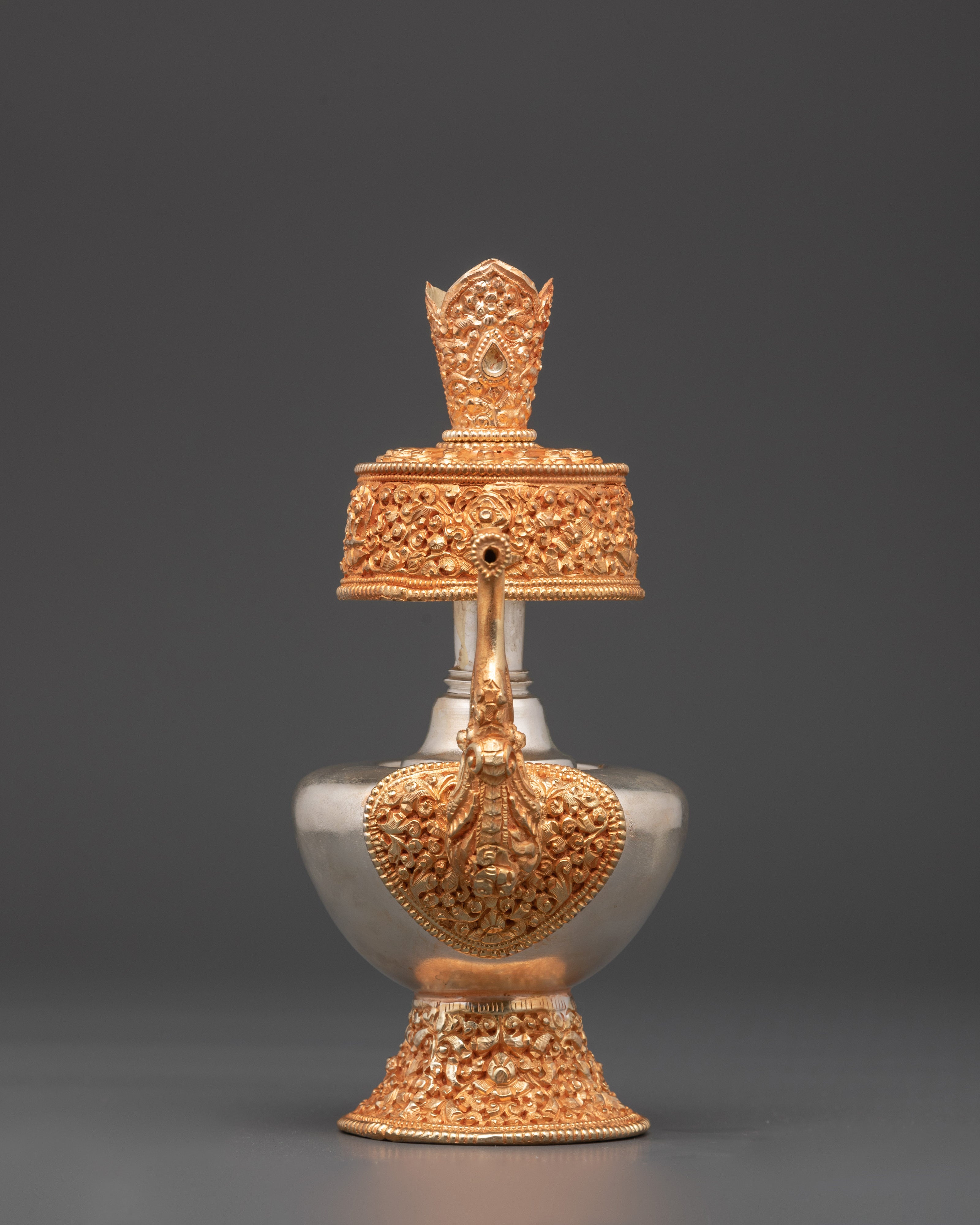 Tibetan Bhumba Vessel | Gold & Silver Plated Buddhist Offering Vessel for Meditation