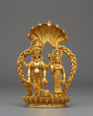 Bishnu and Laxmi Statue | Gold-Plated Copper Hindu Deity Art