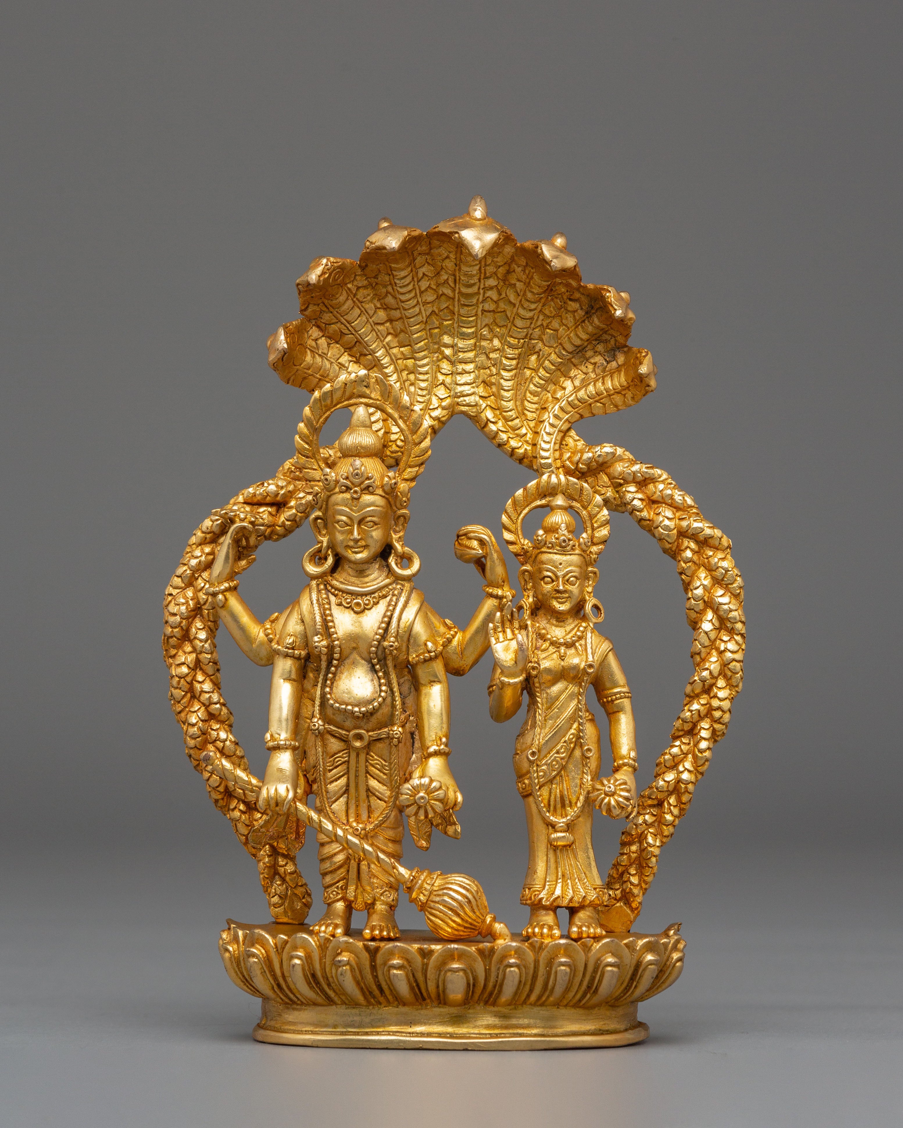 Bishnu and Laxmi Statue | Gold-Plated Copper Hindu Deity Art