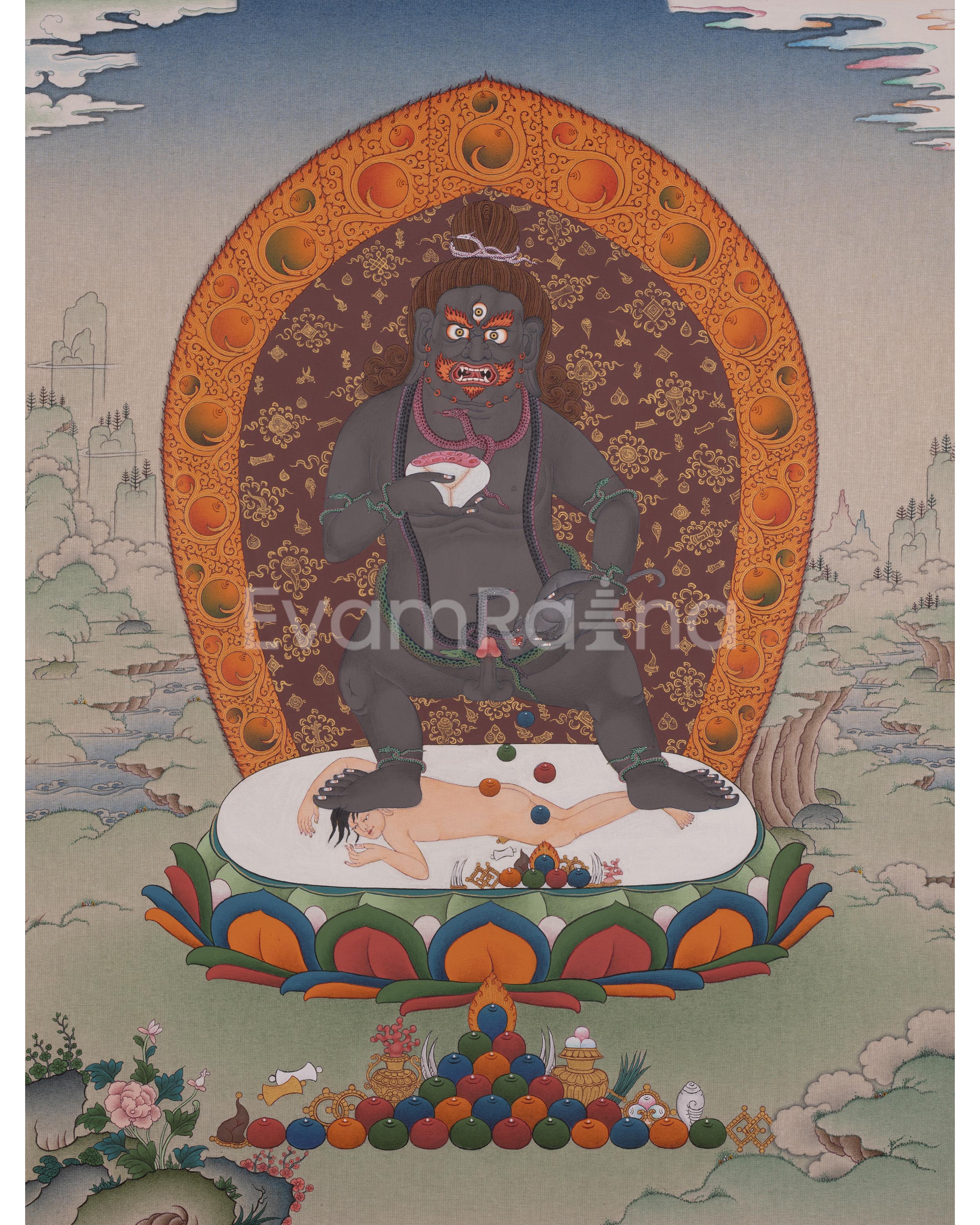 Traditional Black Dzambhala Thangka Print | Print on Cotton Canvas | Wall Decor