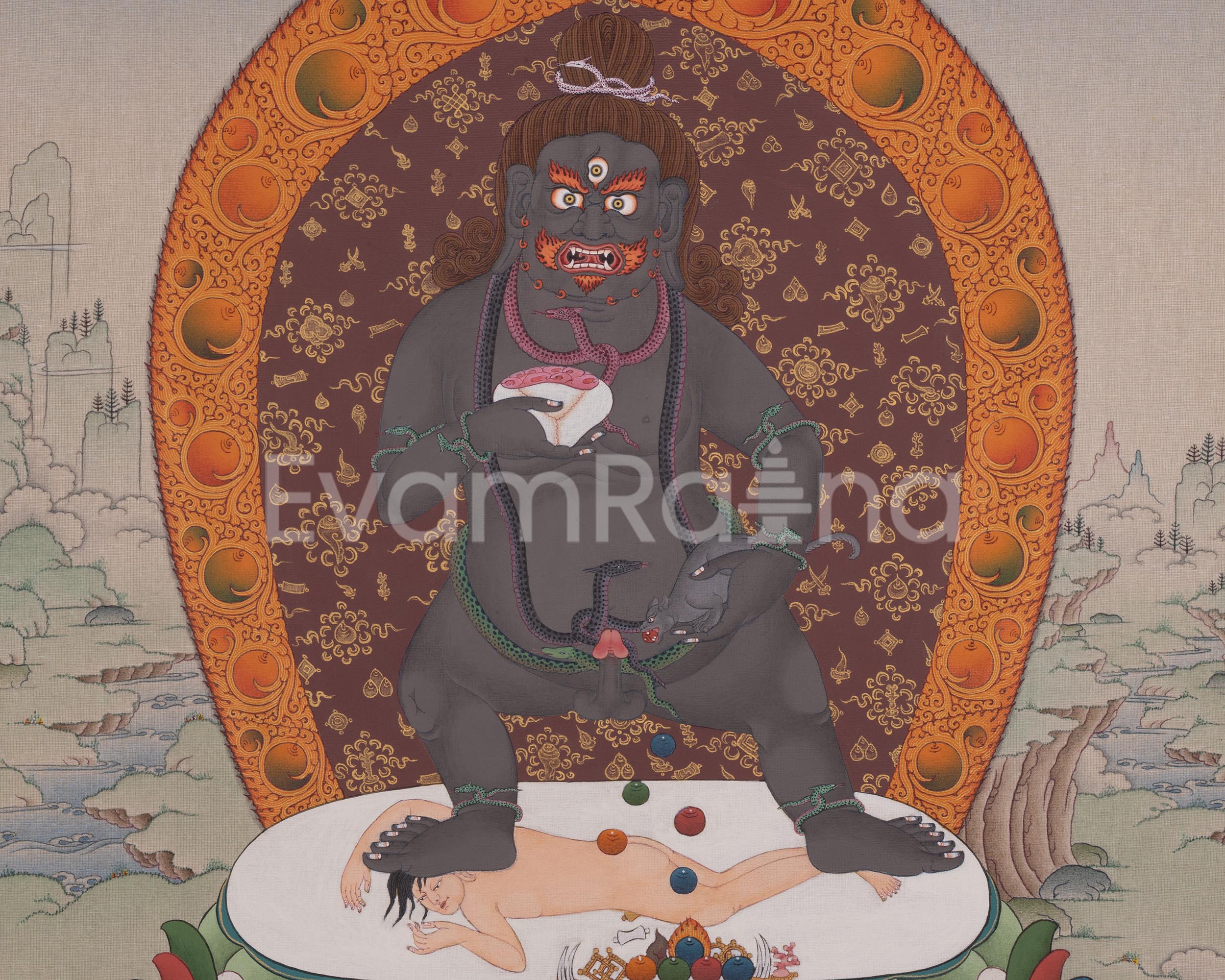 Traditional Black Dzambhala Thangka Print | Print on Cotton Canvas | Wall Decor