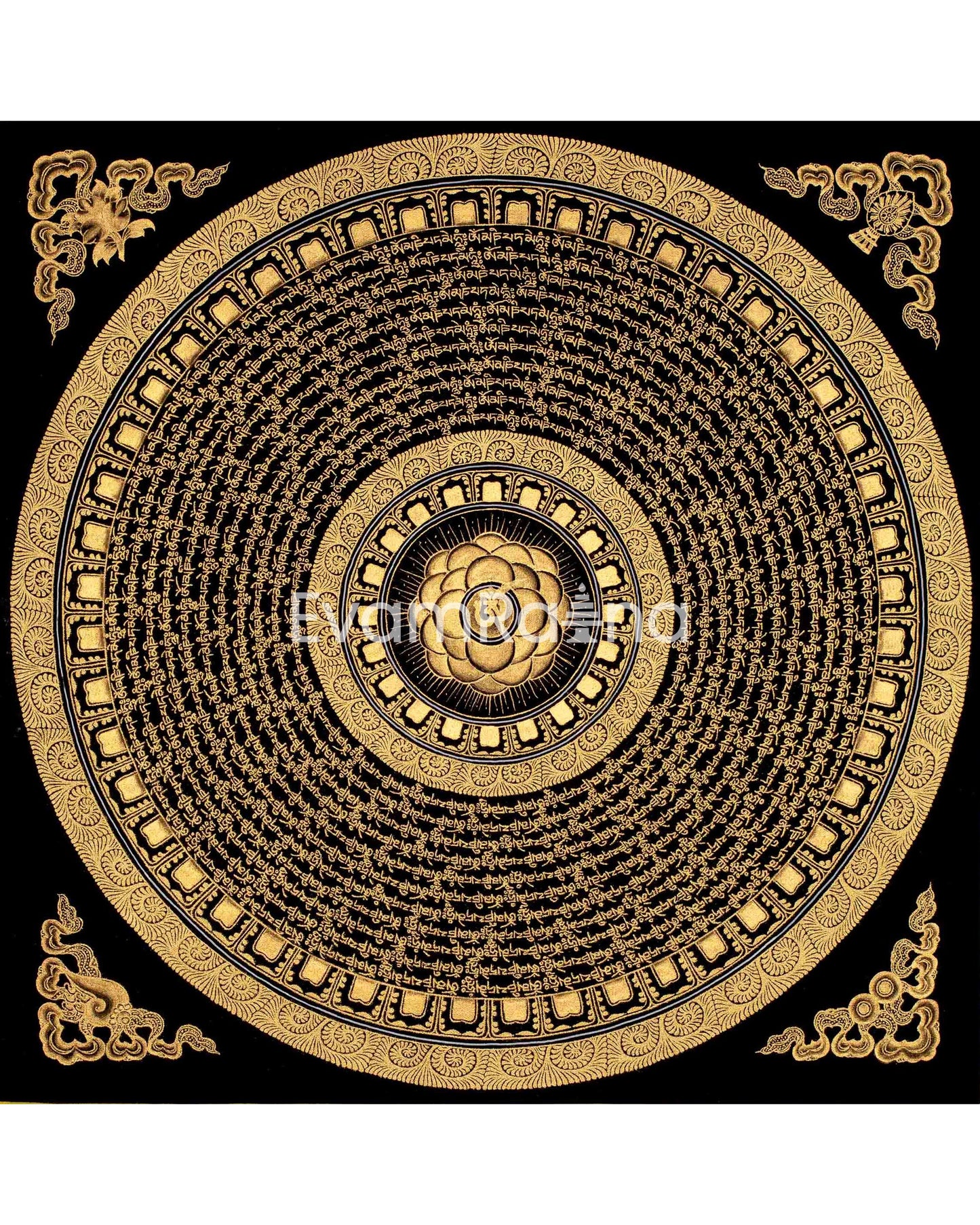 Original Hand Painted Mantra Mandala Thangka | Black And Gold Style Mandala