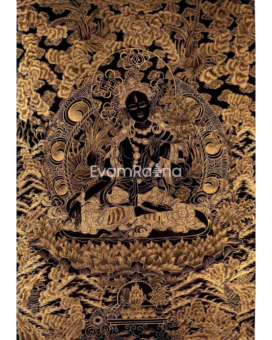 Black and Gold Style White Tara Thangka