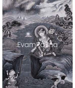 Boddhisattva Manjushree Thangka Creating Kathmandu Valley With The Self Born Light Swayambhu