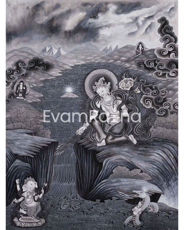 Boddhisattva Manjushree Thangka Creating Kathmandu Valley With The Self Born Light Swayambhu 