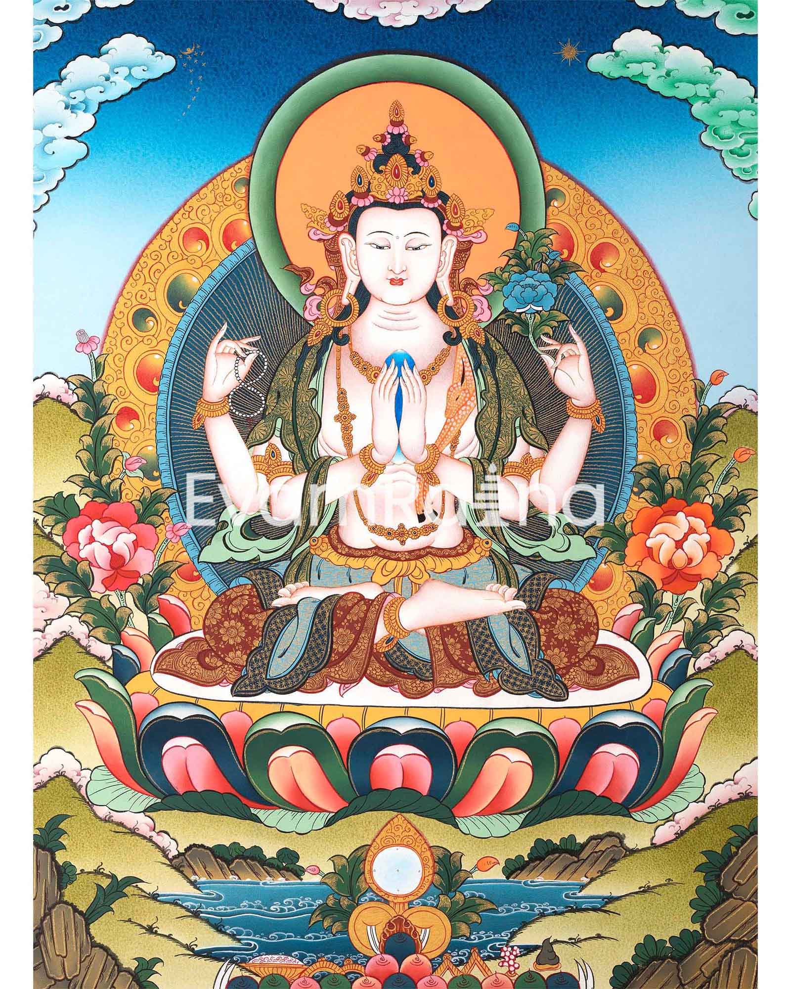 Bodhisattva Avalokiteshvara Thangka | 4 Armed Chengrezig | Tibetan Bud