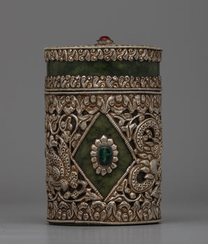 Tibetan Circular Box Decorated | Ideal for Spiritual Use or as a Unique Decorative Piece
