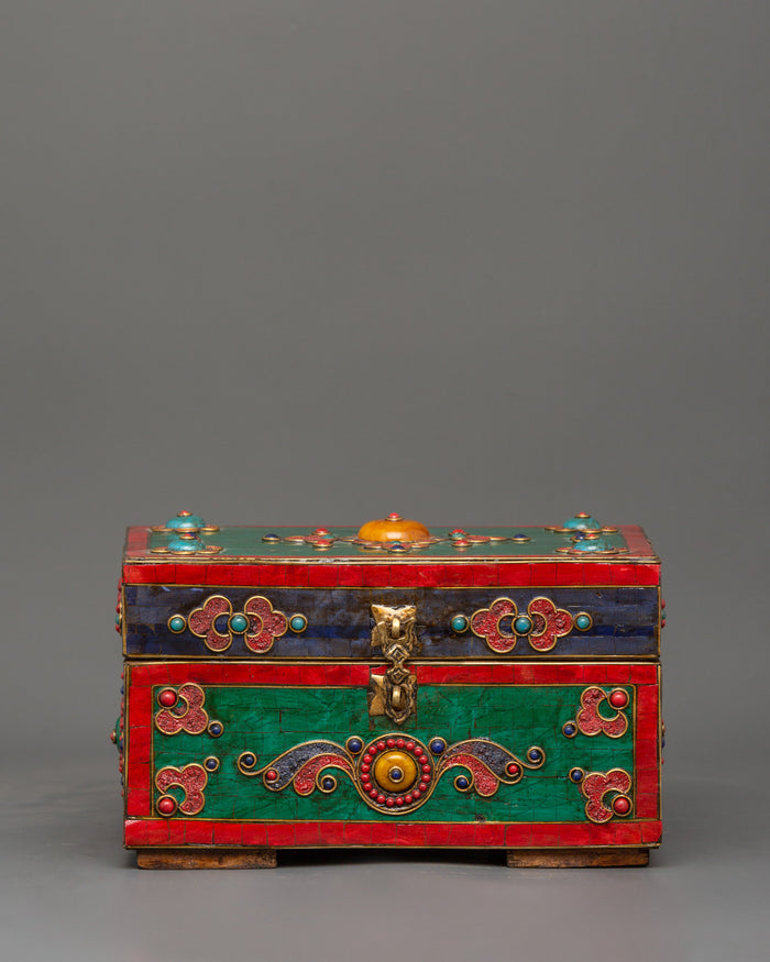 Hand-Painted Tibetan Wooden Box with Brass | Jewelry or Ritual Box