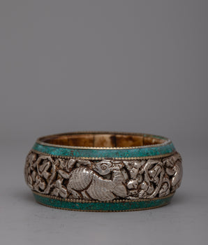 Intricately Carved Round Silver Bangle