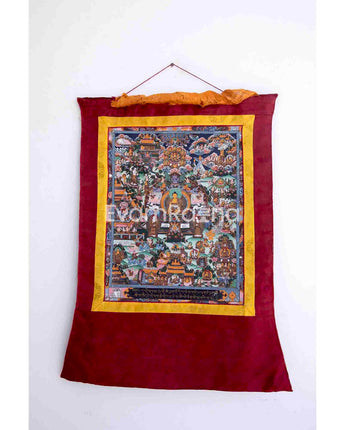 Vintage Buddha Life Story Thangka With Brocade