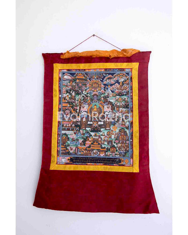 Vintage Buddha Life Story Thangka With Brocade