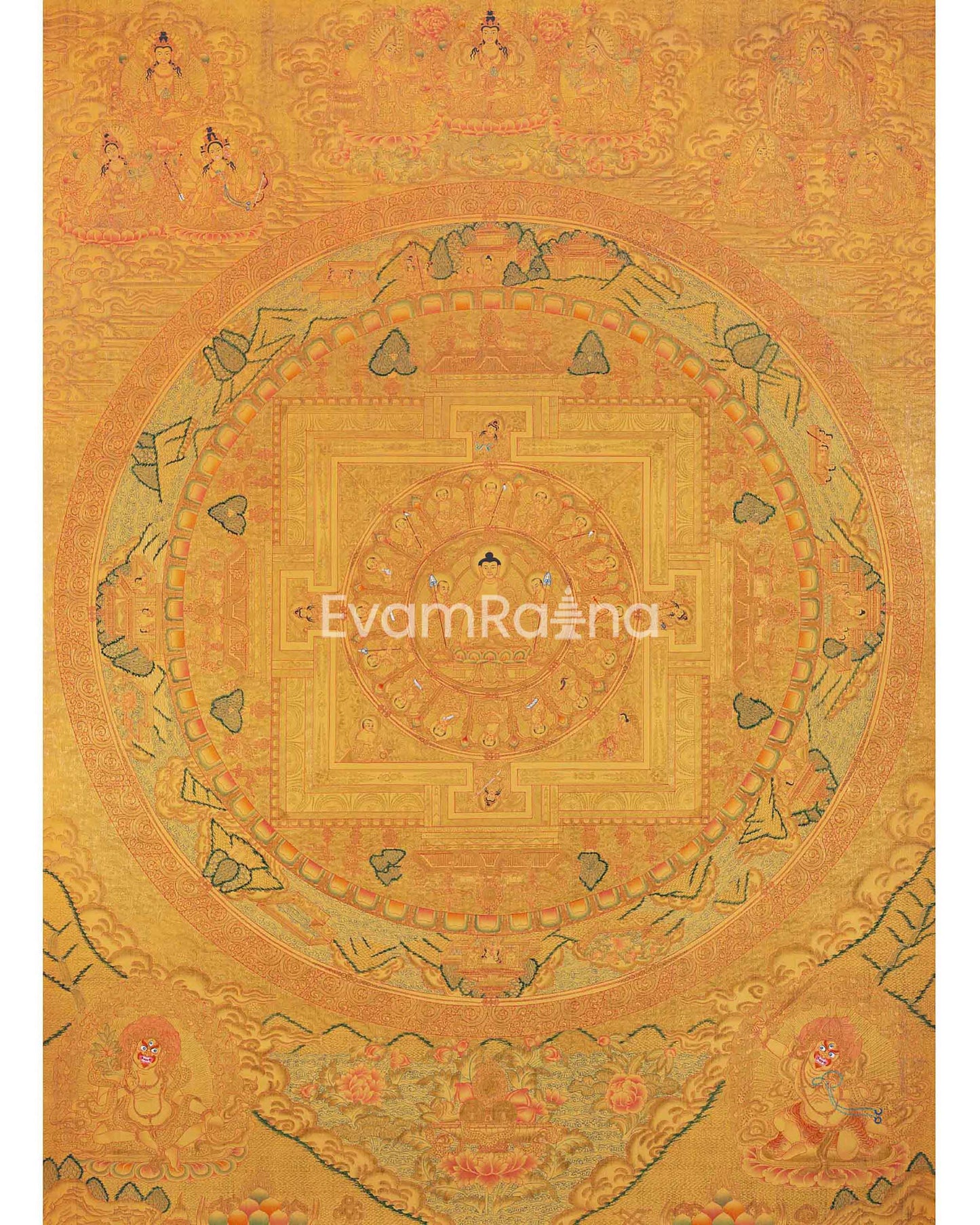 Shakyamuni Buddha Mandala Thangka with Pure 24k Golden Embellishment