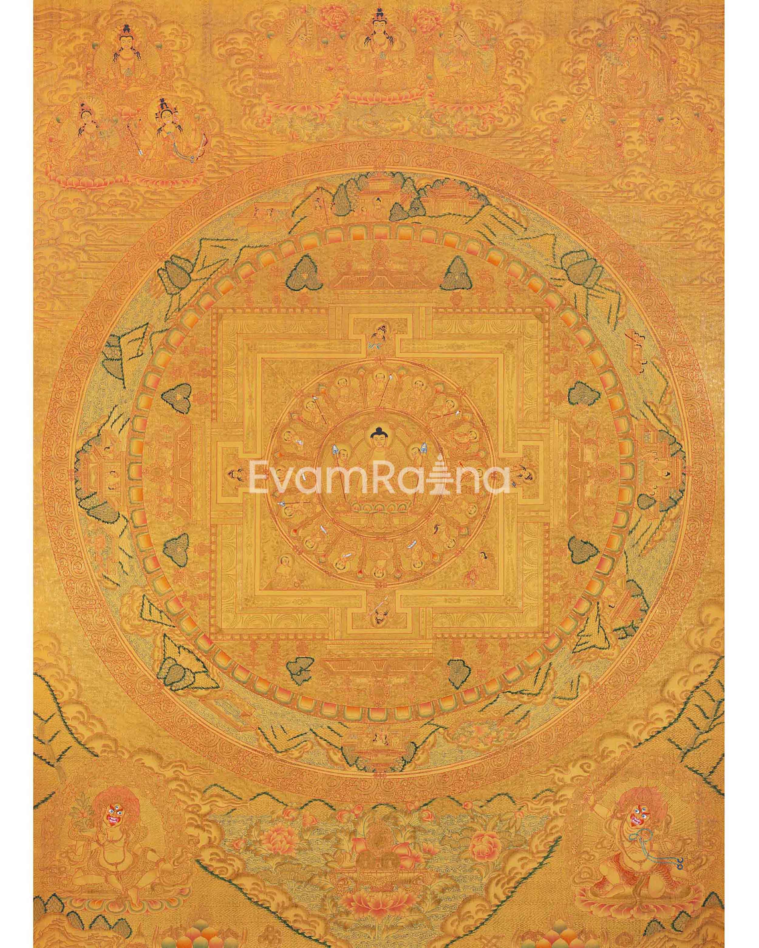 Shakyamuni Buddha Mandala Thangka with Pure 24k Golden Embellishment