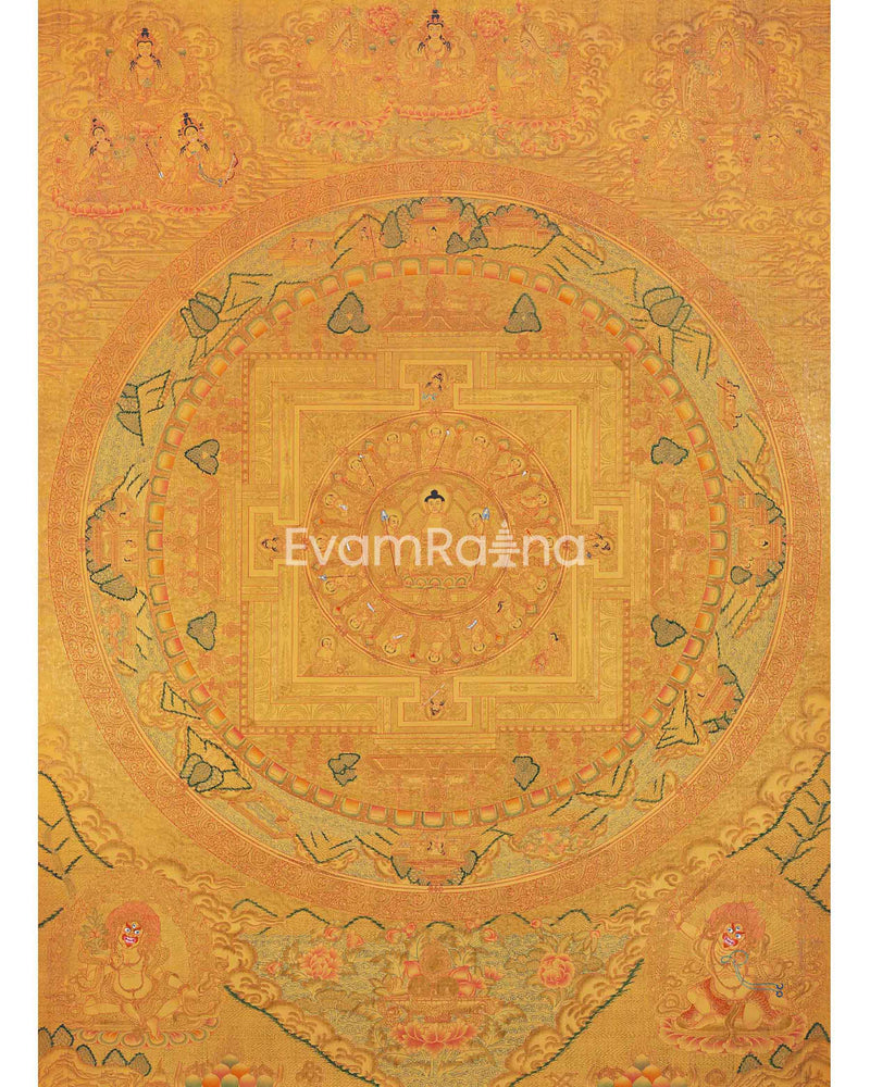 Shakyamuni Buddha Mandala Thangka with Pure 24k Golden Embellishment