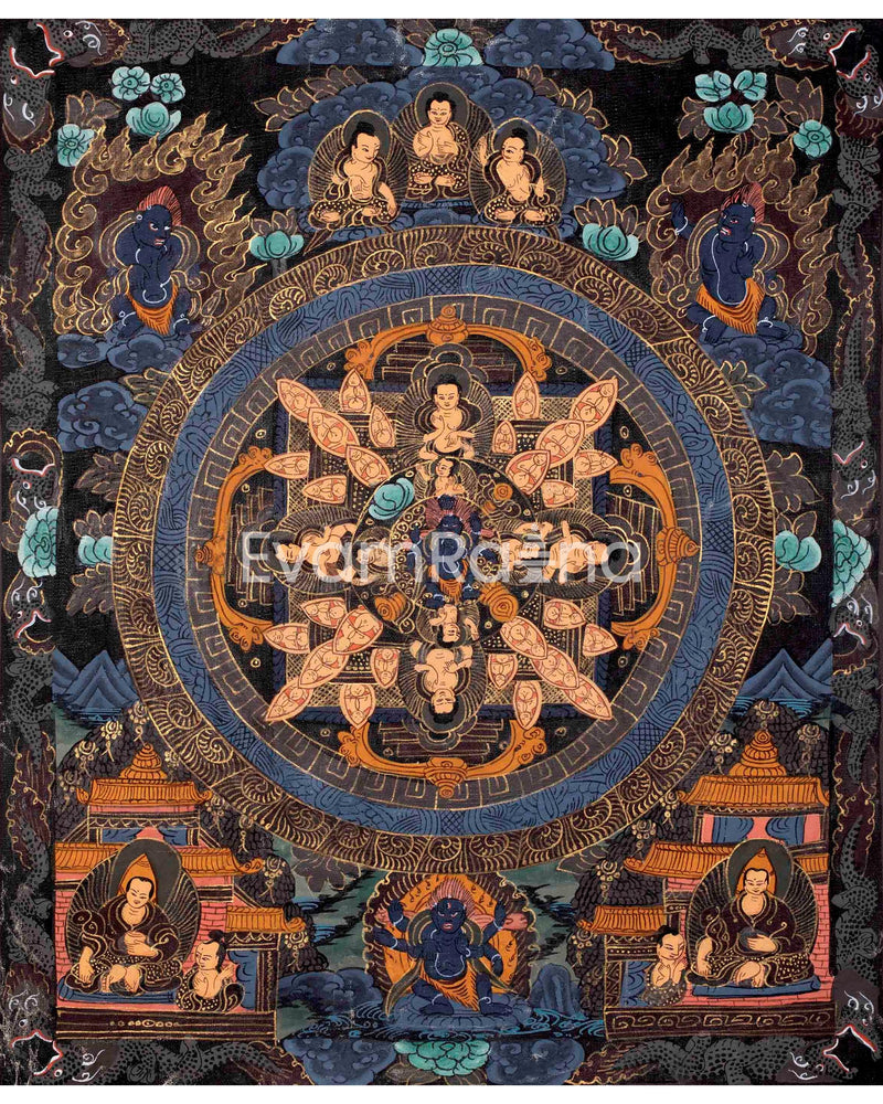 Vintage Buddha Mandala Thangka | Hevajra Mandala | Tibetan Spiritual Art for Altar Decor