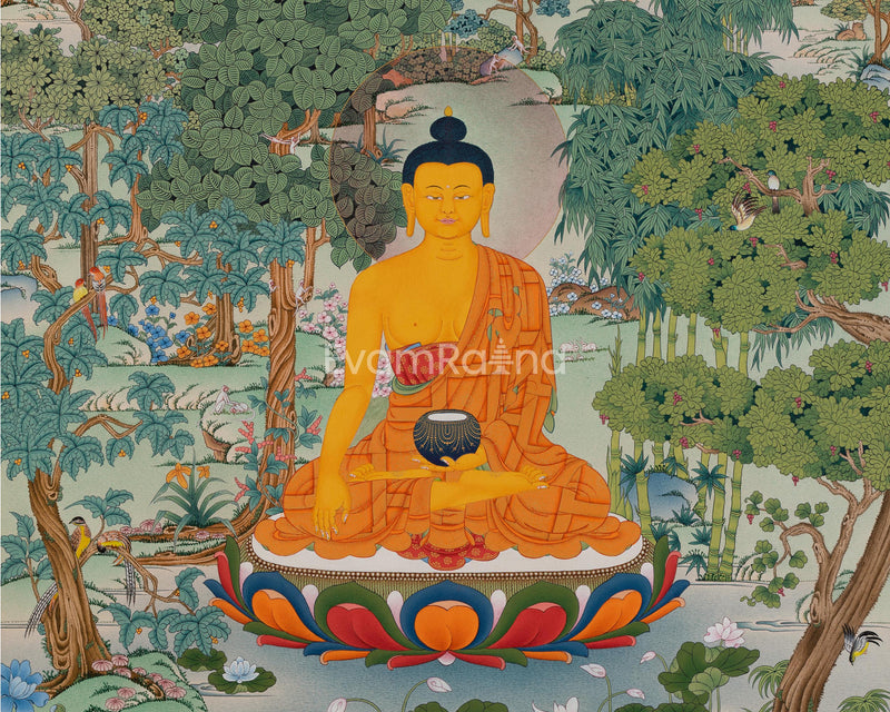 Meditating Shakyamuni Buddha in Jungle, Thangka Painting