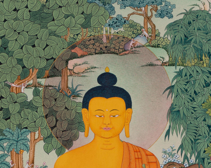 Meditating Shakyamuni Buddha in Jungle, Thangka Painting