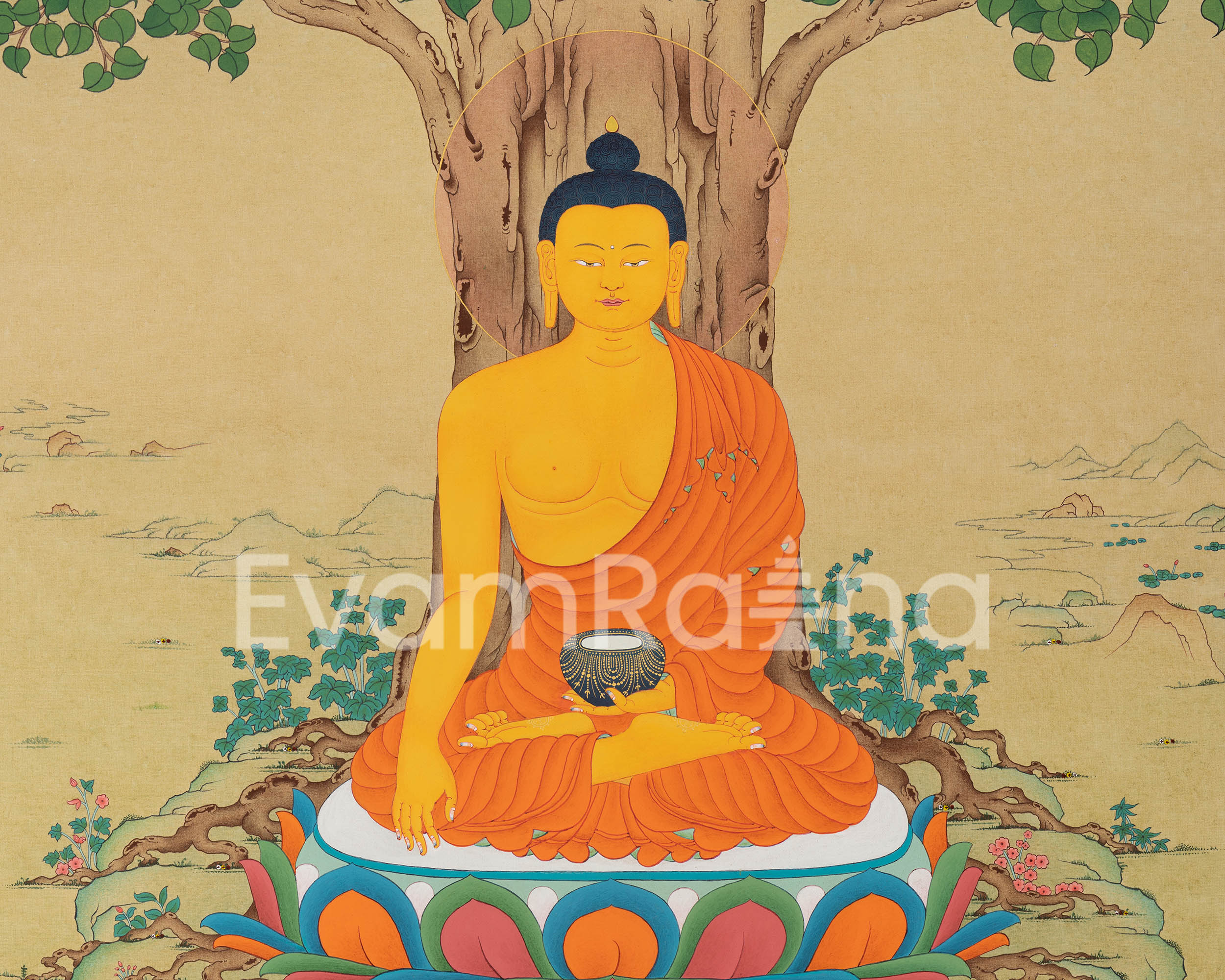 The Enlightened Shakyamuni Buddha Under The Bodhi Tree | Spiritual Giclee Canvas Print